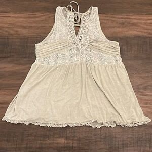 POL Sage Green Lace Tank Top with Keyhole